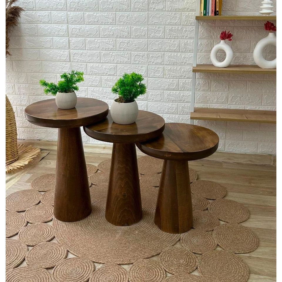 Mushroom Ahşap 3'li Sehpa Seti