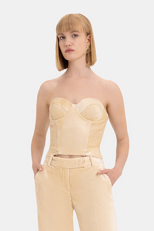 EKRU FİTİLLİ STRAPLEZ BLUZ 40 - Ekru