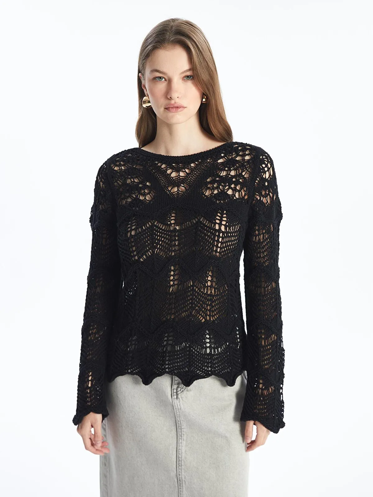 Ekru Kayik Yaka Tri̇ko L - Siyah